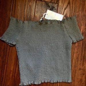 Off the shoulder, ~asparagus~ green shirt